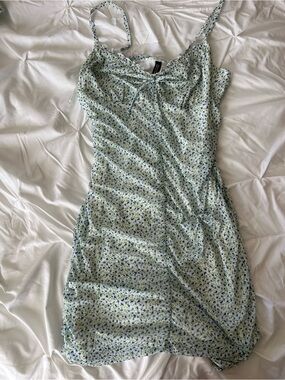 H&M Light Green Floral Mini Slip Dress with Blue Accents